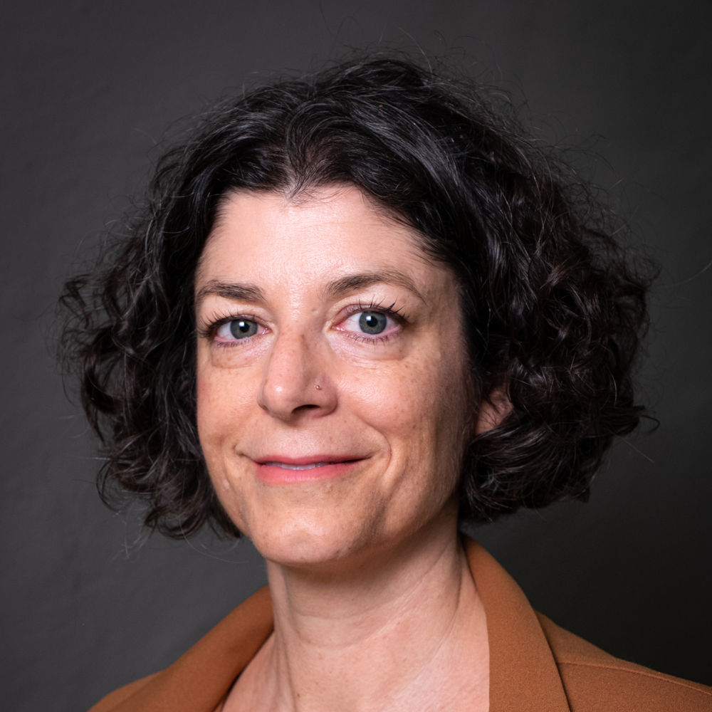 Portrait of Prof. Dr. Franziska Felder, female, fair-skinned person with a brown blazer and medium-length, dark, curly hair